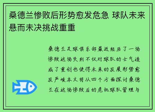 桑德兰惨败后形势愈发危急 球队未来悬而未决挑战重重