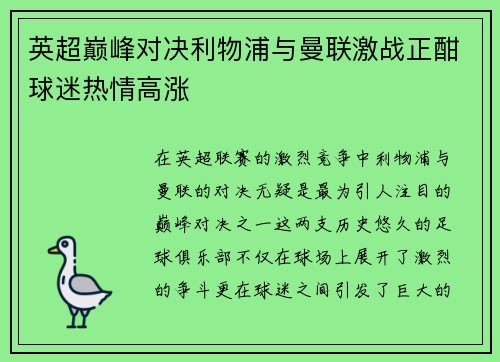 英超巅峰对决利物浦与曼联激战正酣球迷热情高涨