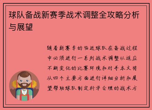 球队备战新赛季战术调整全攻略分析与展望