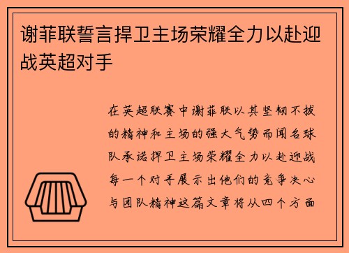 谢菲联誓言捍卫主场荣耀全力以赴迎战英超对手