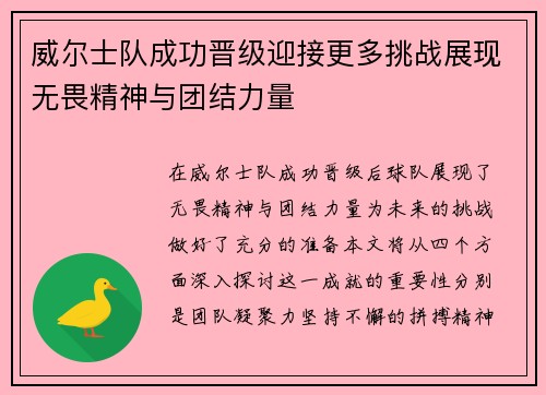 威尔士队成功晋级迎接更多挑战展现无畏精神与团结力量