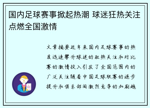 国内足球赛事掀起热潮 球迷狂热关注点燃全国激情