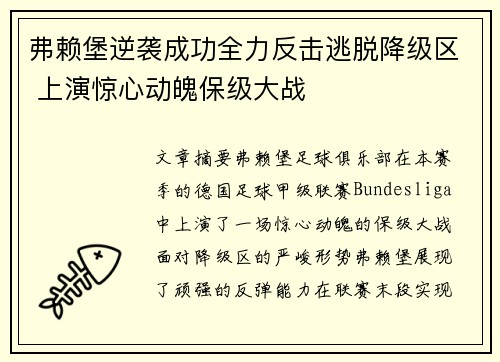 弗赖堡逆袭成功全力反击逃脱降级区 上演惊心动魄保级大战