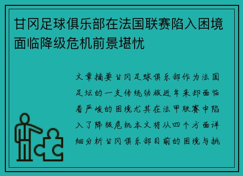 甘冈足球俱乐部在法国联赛陷入困境面临降级危机前景堪忧