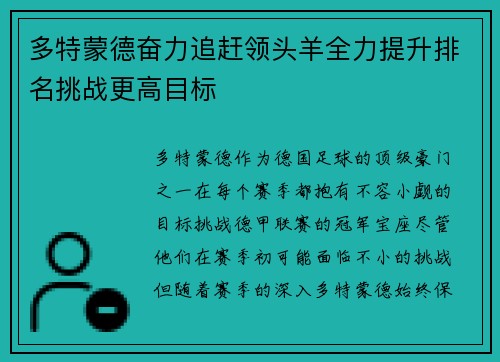 多特蒙德奋力追赶领头羊全力提升排名挑战更高目标