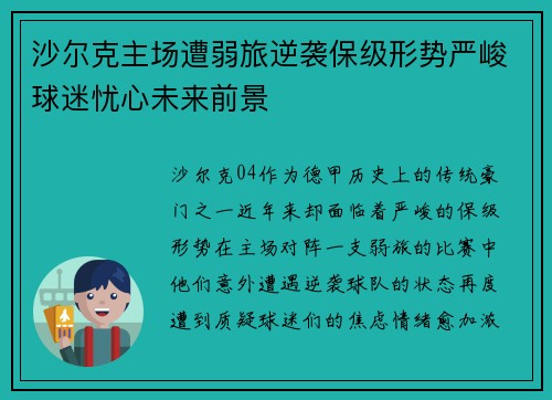 沙尔克主场遭弱旅逆袭保级形势严峻球迷忧心未来前景