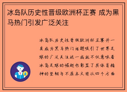 冰岛队历史性晋级欧洲杯正赛 成为黑马热门引发广泛关注