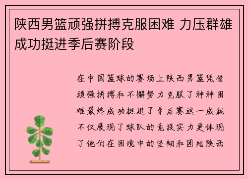 陕西男篮顽强拼搏克服困难 力压群雄成功挺进季后赛阶段