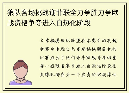 狼队客场挑战谢菲联全力争胜力争欧战资格争夺进入白热化阶段