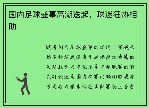 国内足球盛事高潮迭起，球迷狂热相助