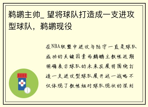 鹈鹕主帅_ 望将球队打造成一支进攻型球队，鹈鹕现役