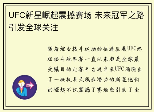 UFC新星崛起震撼赛场 未来冠军之路引发全球关注